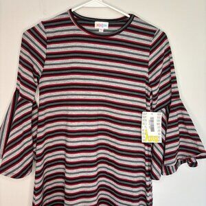 LuLaRoe NEW Maurine Women's XXS Red Black Gray Bell Sleeve Hi Lo Ruffle